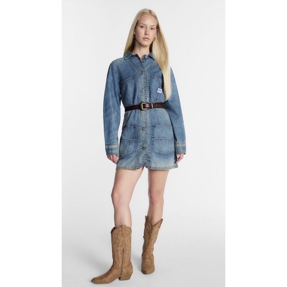 Denim Chore Mini Dress NWT Button Front Western Kacey Lee Med Utility Shift